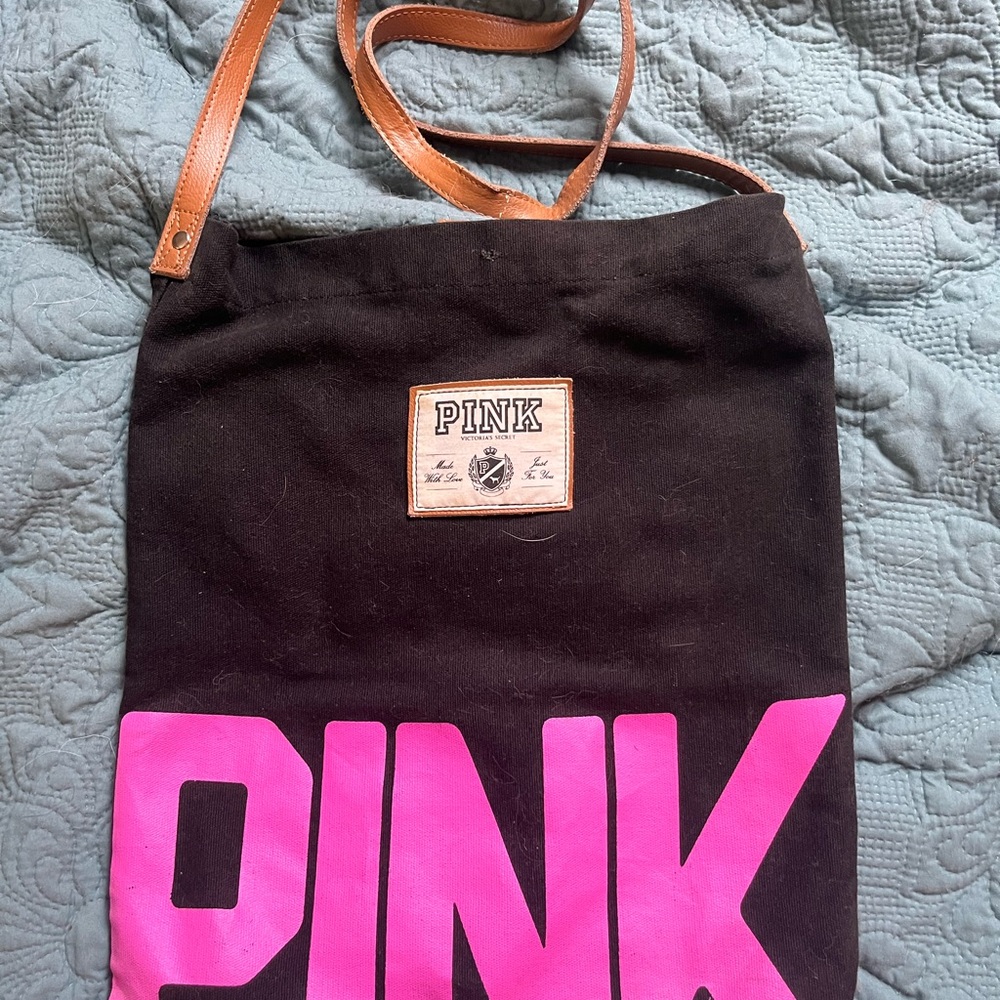 PINK Victoria's Secret Black Tote with Pink Logo and Tan Straps
